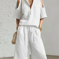 Women Fashion Zipper Stand Collar Hollow Short-sleeved Shirt Shorts 2-piece Set Summer Casual Loose Wide-leg Pocket Shorts Suit