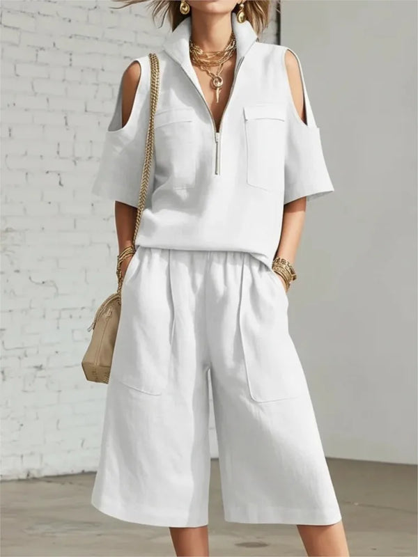 Women Fashion Zipper Stand Collar Hollow Short-sleeved Shirt Shorts 2-piece Set Summer Casual Loose Wide-leg Pocket Shorts Suit