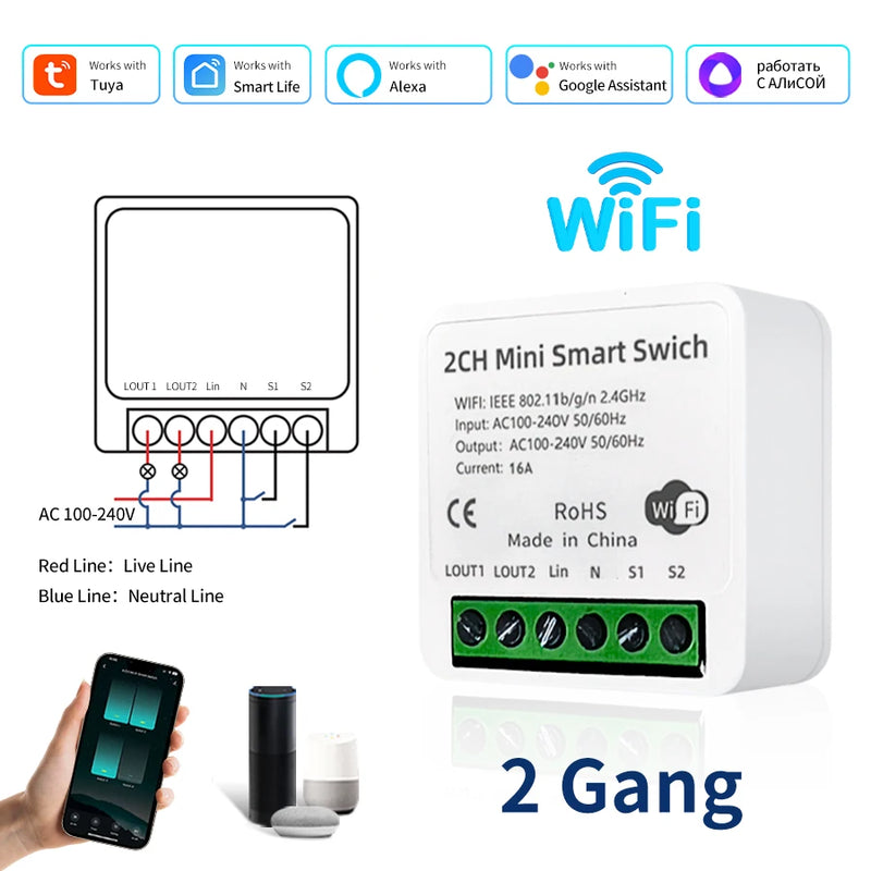 100-240V 16A Tuya Smart WiFi Switch Mini 1/2Gang Breaker Relay Smart Life App Remote Interruptor Google Home Alexa Voice Control