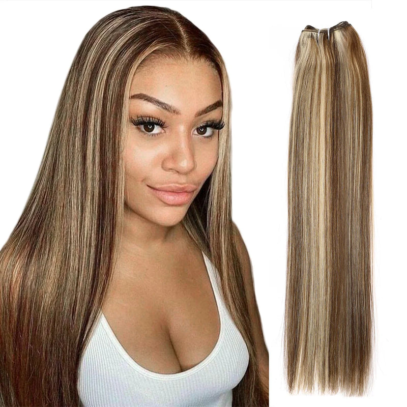 Real Beauty Platinum Blond Brazilian Straight Hair Weave Bundles 14"-28" Hight Ratio Remy Hair Extensions Brown #4 Blond P6/613#