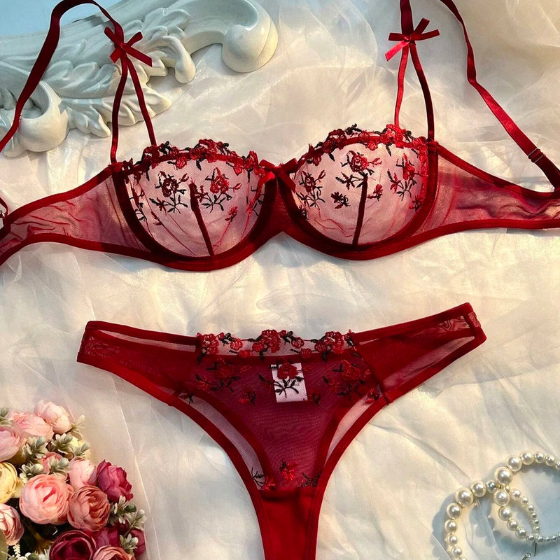 Sexy Lingerie Women Thin Transparent Lace See Through Female Erotic Underwear Bra And Panty Set Sleepwear Suit Embroidery Floral