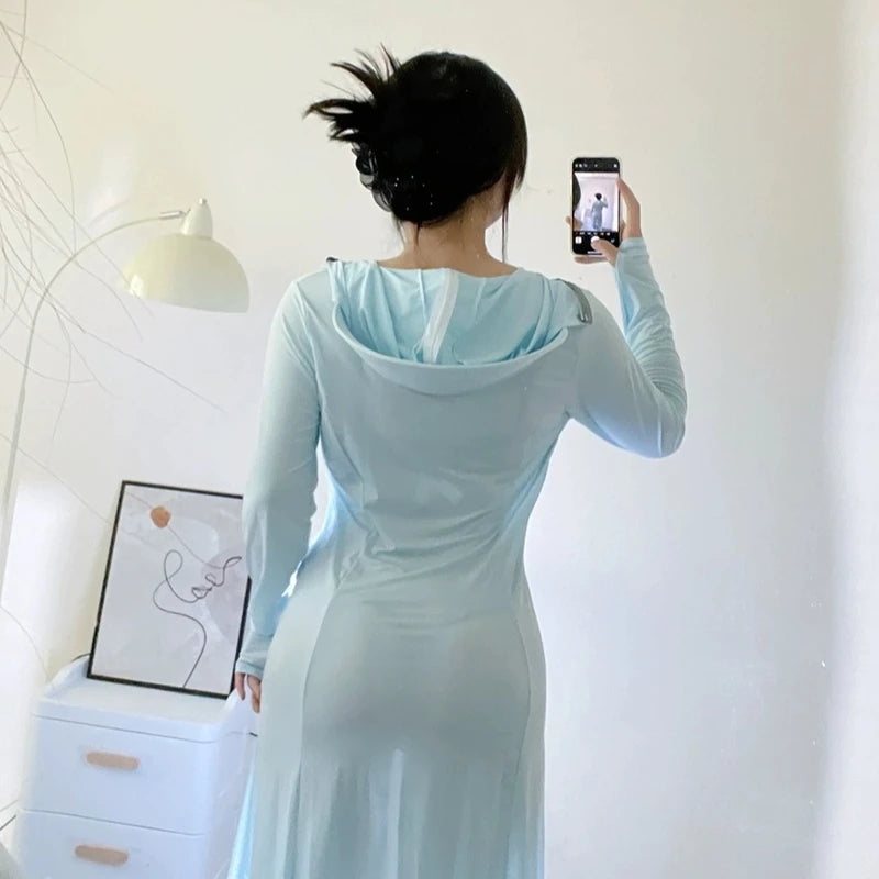 Women Sexy See Through Blue Cover-Ups Full Body Sun Protection Summer Zipper Lingeries with Hats Outdoor Travel Sunscreen Cloth