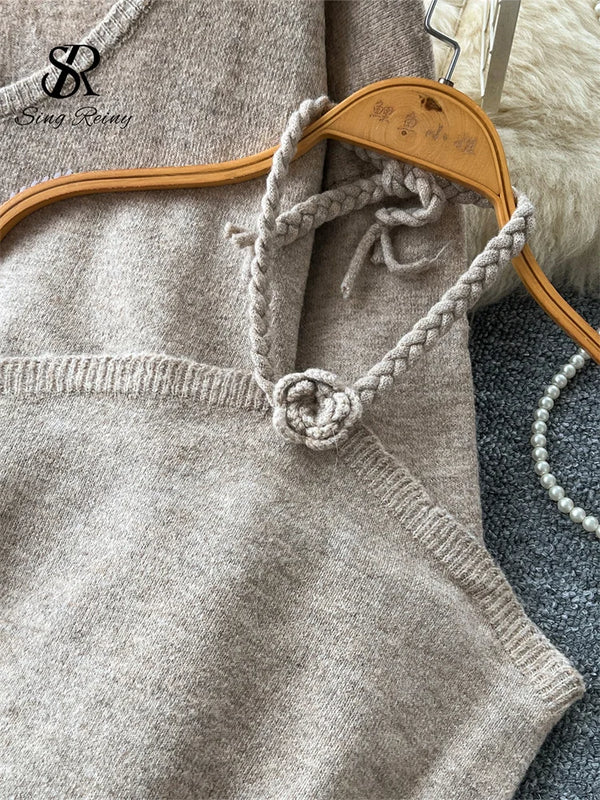 SINGREINY Lazy Knitwear Autumn Suits Simple Loose Pullover+Halter Mini Tank Top+Wide Leg Pants Women Sensual Sweater 3Pcs Sets