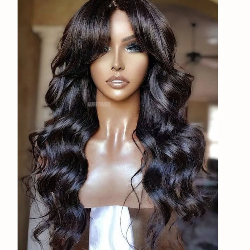 Wavy Bangs Silk Base Full Lace Wig Brazilian Natural Wave Silk Top Full Lace Human Hair Wigs with Air Bangs For Women
