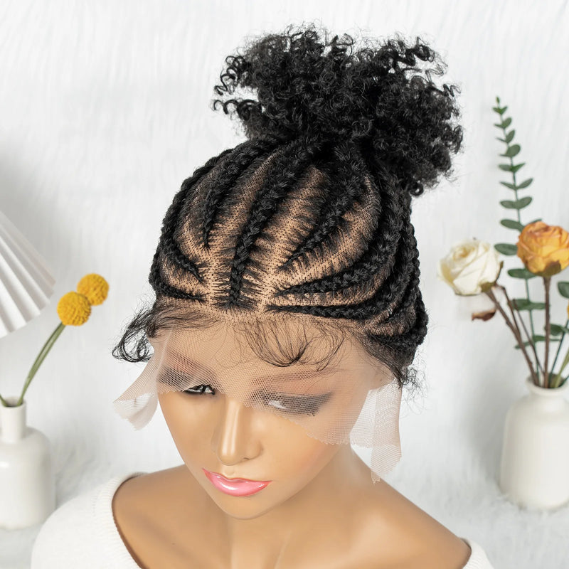 Full Lace Cornrow Braided Wigs Synthetic Braids Wig with Baby Hair Short Afro Curly Knotless Braided Lace Wig for Black Women