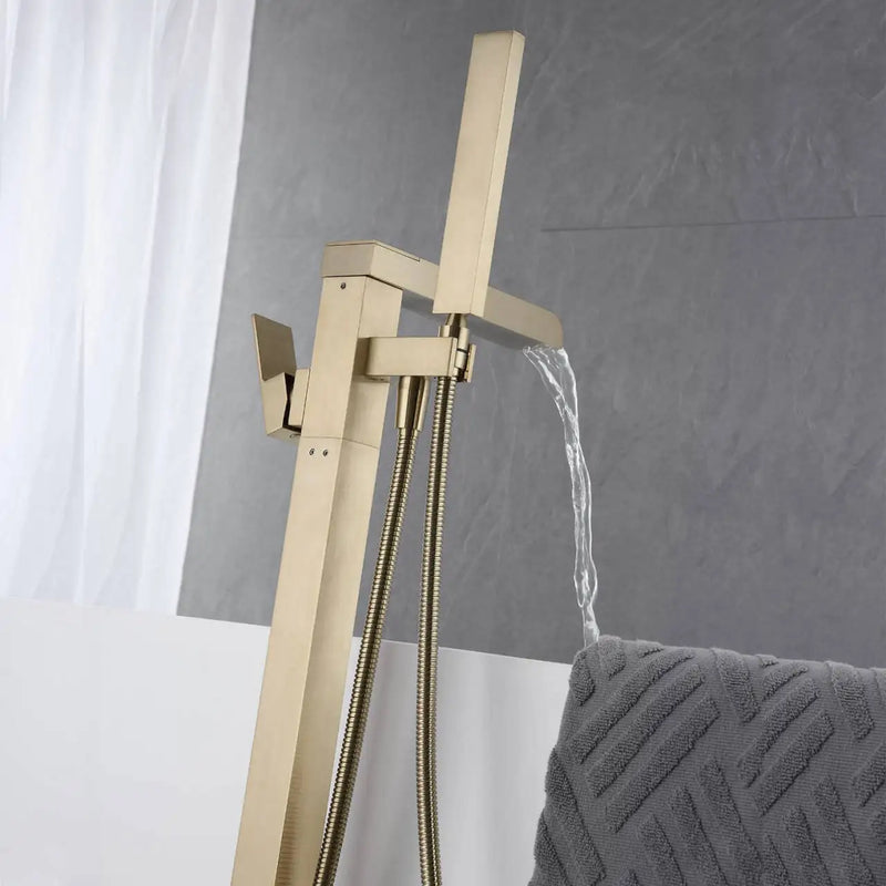 KEMAIDI Freestanding Bathtub Faucet Tub Filler High Flow Waterfall Bath Filler Brushed Gold Tub Faucets with Hand Shower Tap
