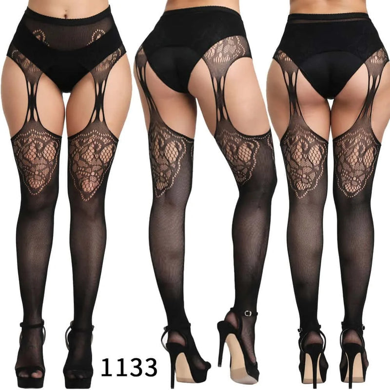 High Waist Sexy Fishnet Black Garter Stockings Tights Open Crotchless Body Suit Large Plus Size Pantyhose for Oversized Woman XL