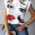 Women's Abstract Face Print Sleeveless Stand Collar - View 2 | SAMAG