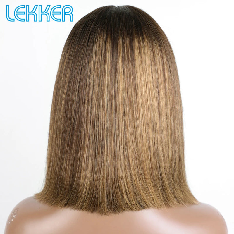 Lekker 100% Human Hair Wig Highlight Brown Long Pixie Straight Bob Middle Part Lace Front For Women Brazilian Remy Hair Glueless
