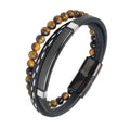 MingAo Charm Men Jewelry Natural Stone Multi-Layer Leather bracelet Black Stainless Steel Magnetic Clasp Tiger eye Bead Bracelet