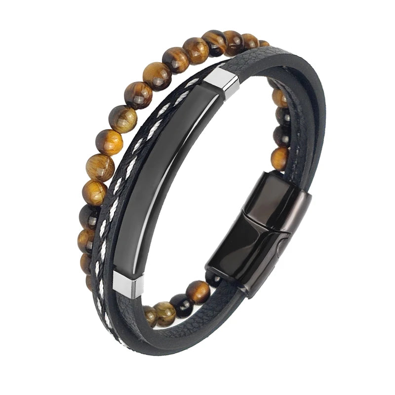 MingAo Charm Men Jewelry Natural Stone Multi-Layer Leather bracelet Black Stainless Steel Magnetic Clasp Tiger eye Bead Bracelet