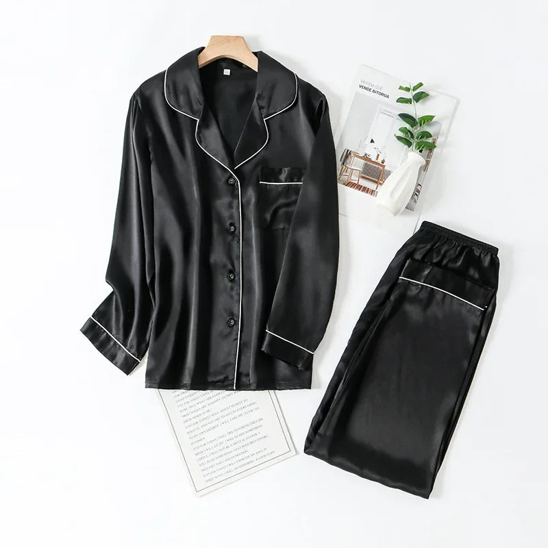 Tcyeek, 100%Real Silk Casual Pajamas Set, Women Long Sleeve Top Pants, Solid Home Clothing Set, 2024 Summer Autumn S48024QC