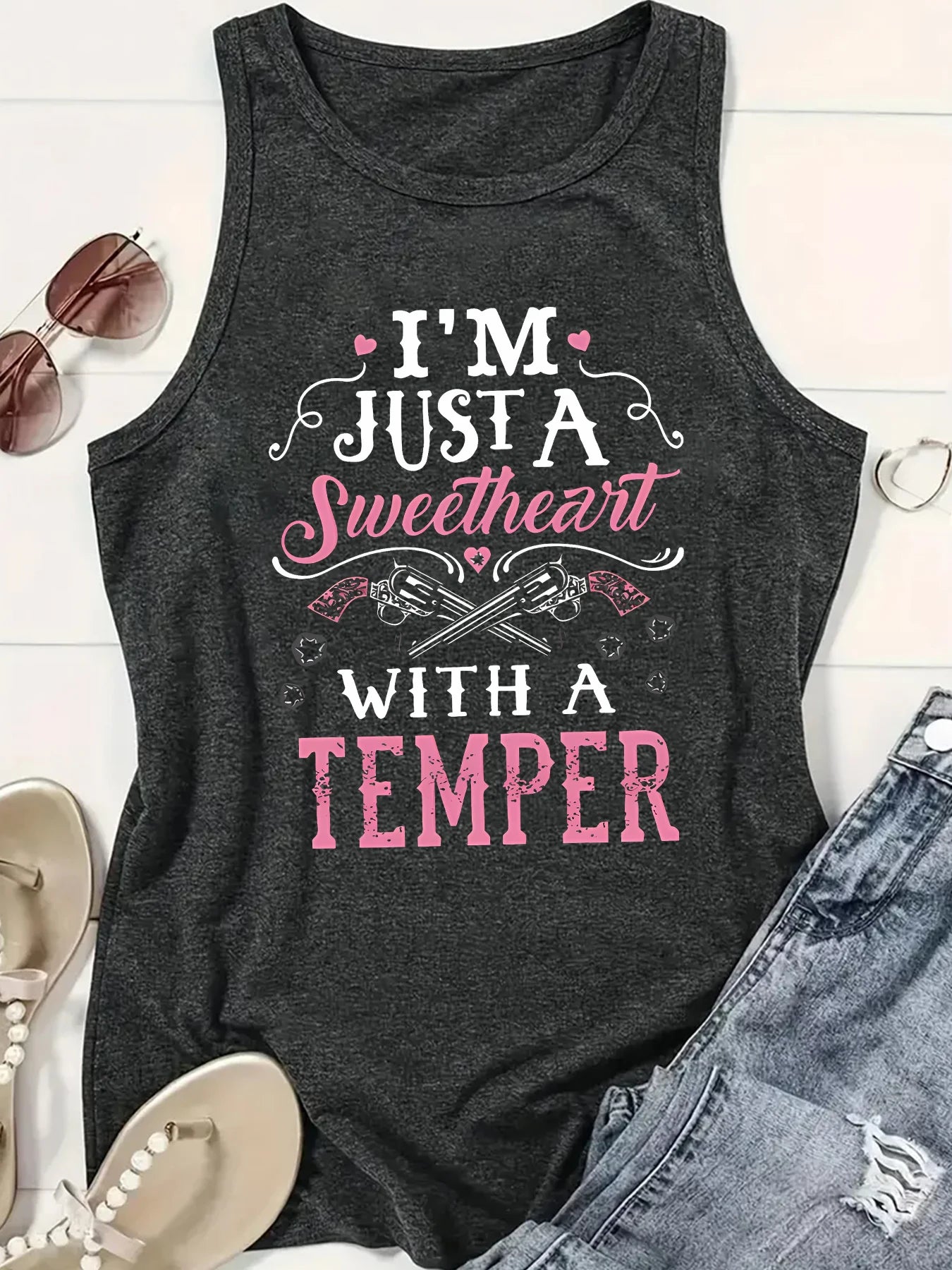 I'M JUST A Sweetheart Wiht A Temper Letter Print Women Tank Top Sleeveless Casual Summer New Crew Neck Tops for Women Clothes