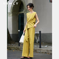 VIMLY Women's Yellow Two-piece Set 2026 Summer Round Neck Side Bow Tie Sleeveless Top Casual Fashion Wide Leg Long Pants A2370