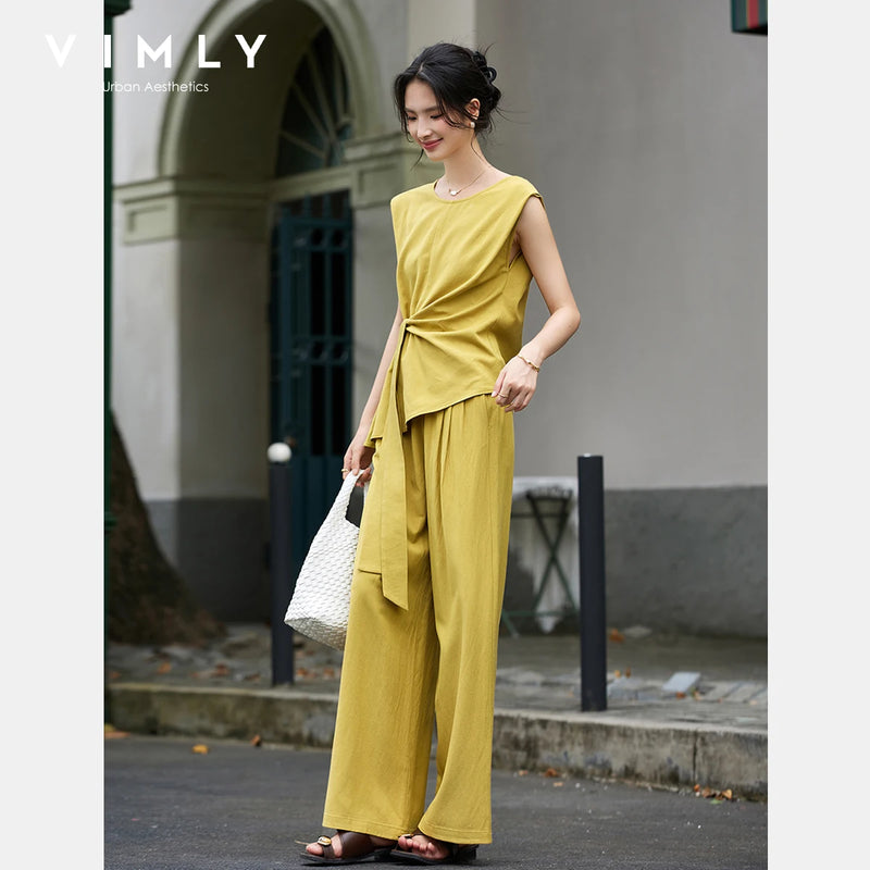 VIMLY Women's Yellow Two-piece Set 2026 Summer Round Neck Side Bow Tie Sleeveless Top Casual Fashion Wide Leg Long Pants A2370
