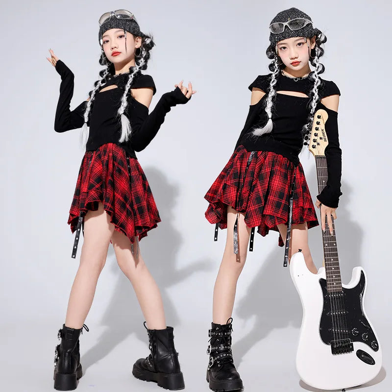 Girls Hip Hop Costume Black Top Plaid Street Dance Skirt | SAMAG