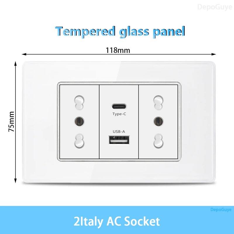 White Tempered Glass Italy USB Type C Smart Fast Charging Wall Socket Plugs Schuko Light Switch Panel Chile TV Sat Computer CAT6