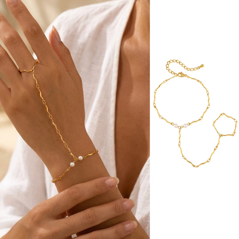 Bohemian Bead Slave Bracelet, 18K Gold Plated Stainless Steel, Waterproof Hand Chain Finger Ring Bracelet Jewelry for Women