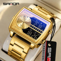 Sanda Men's Watch Fashionable Multifunctional Luminous Waterproof，Three Time Zones, Alarm Clock, Dual Display Electronic Watch