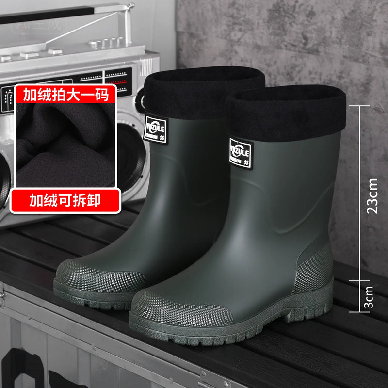 New Men's Style Rain Boots Fashion Mid-calf Waterproof Boots Work Warm Water Boots Wear-resistant Non-slip Fishing Rubber Shoes