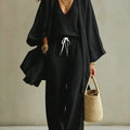 Women Fashion 3-Piece Set Open Front Cardigan Wide Sleeves Matching V-Neck Vest Drawstring Waist Wide Leg Pants Casual Outfit