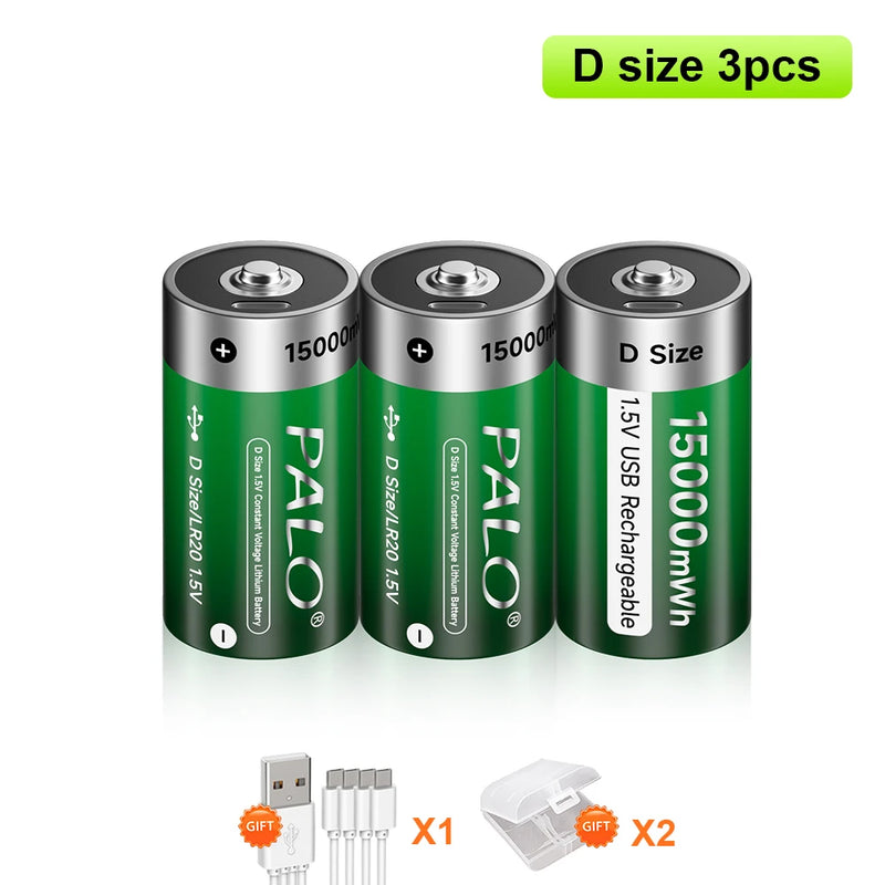 PALO 1-6PCS 1.5V D Size 15000mWh Lithium Rechargeable Battery D Type USB Li-ion Batteries LR20 Battery with Type C USB Cable