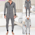 Men Skinny Striped Jumpsuit 2021 Long Sleeve O Neck Buttons Romper Sleepwear Overall Homewear Pajamas Sets Underwear