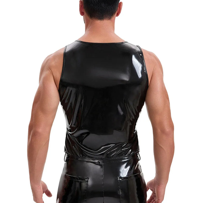 Wet Look PVC Sleeveless Tank Top Single Breasted Shiny PU Leather Motorcycle Punk Waistcoat S-7XL Weskit Tights Leather Jacket