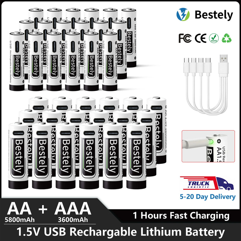 AA AAA Battery 1.5V 5800mAh and 3600mAh Lithium Rechargeable Batteries Fast Charging Li-ion Battery 2000 Cycles Type-C Cable