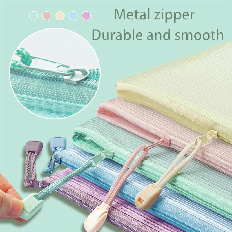 5Pcs, Waterproof Mesh Zipper Pouch, Document Bag, File Folders, A4, School, Office Supplies, Pencil Case, Storage Bags