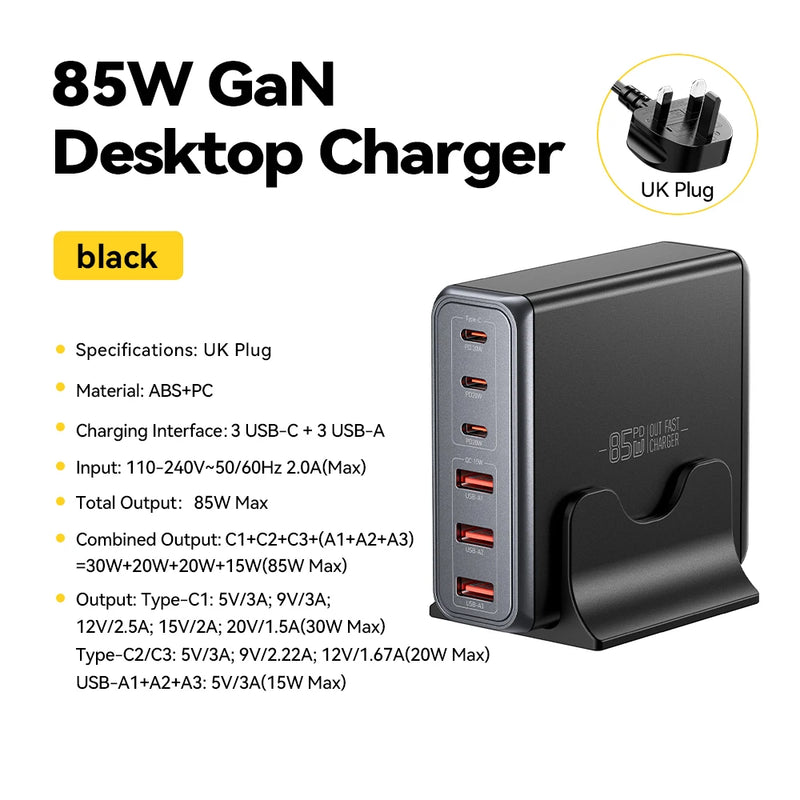 Essager 85W GaN USB Charger6in1 Desktop Fast Charge USB Type C Charger  For iPhone17 16 15Pro  Xiaomi Samsung Smartphone Laptop