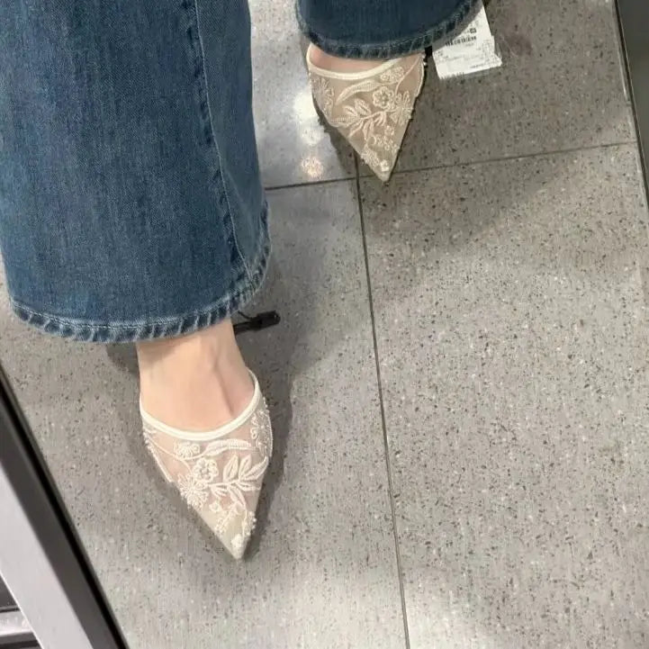 2026 Spring/Summer New Women's Shoes Champagne Chinese Embroidery Mesh Pearl Pointed High Heels Thin Heels Baotou