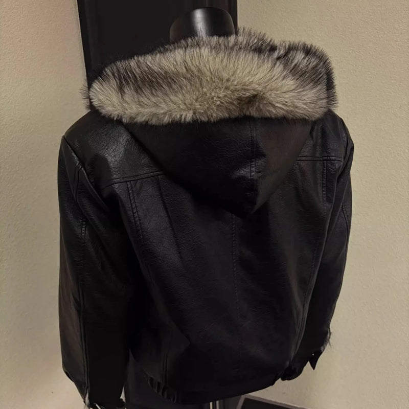 Good Quality PU Leather Faux Fur Leather Jacket Winter Coat Man Woman Vintage Casual Thicken Warm Leather Coat Outerwear