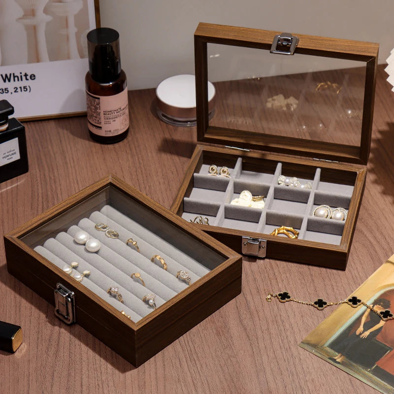 Walnut wood color jewelry box; exquisite wooden ring box, earrings, studs, necklace, trinkets multi-compartment storage box