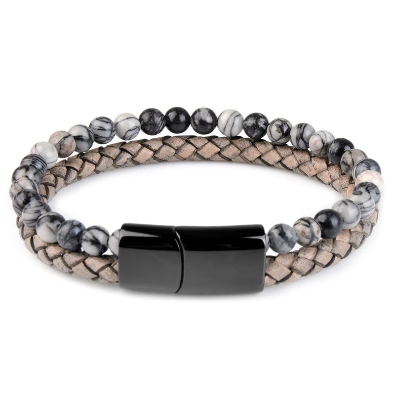 Natural Stone Bracelet Genuine Leather Braided Bracelets Black Stainless Steel Magnetic Clasp Tiger eye Bead Bangle Men Jewelry