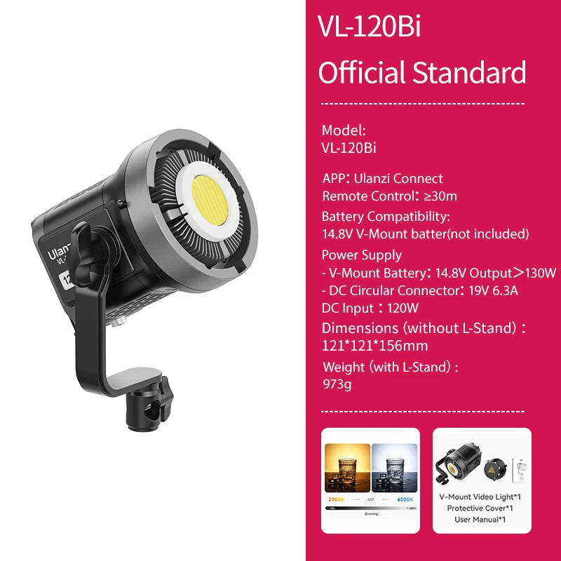 Ulanzi VL-120Bi VL-120C 120W V-Mount COB Video Light Wireless APP Control 2700K-6500K CRI＞95 for Video Photography Studio