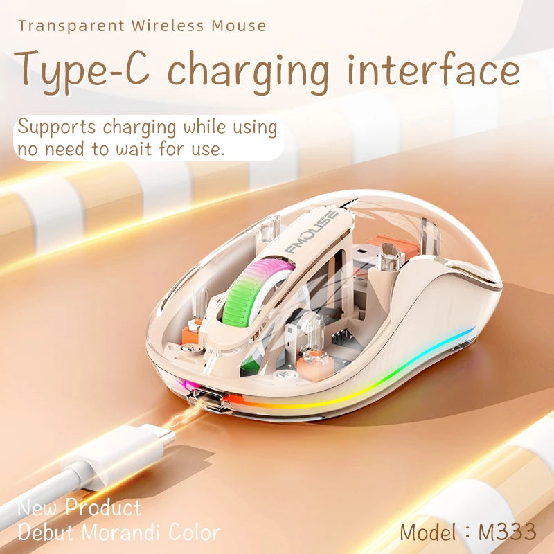 Rechargeable Wireless Mouse Bluetooth Three-Mode Transparent Luminous Ergonomic Silent Magnetic Doll Mouse for Office Laptop