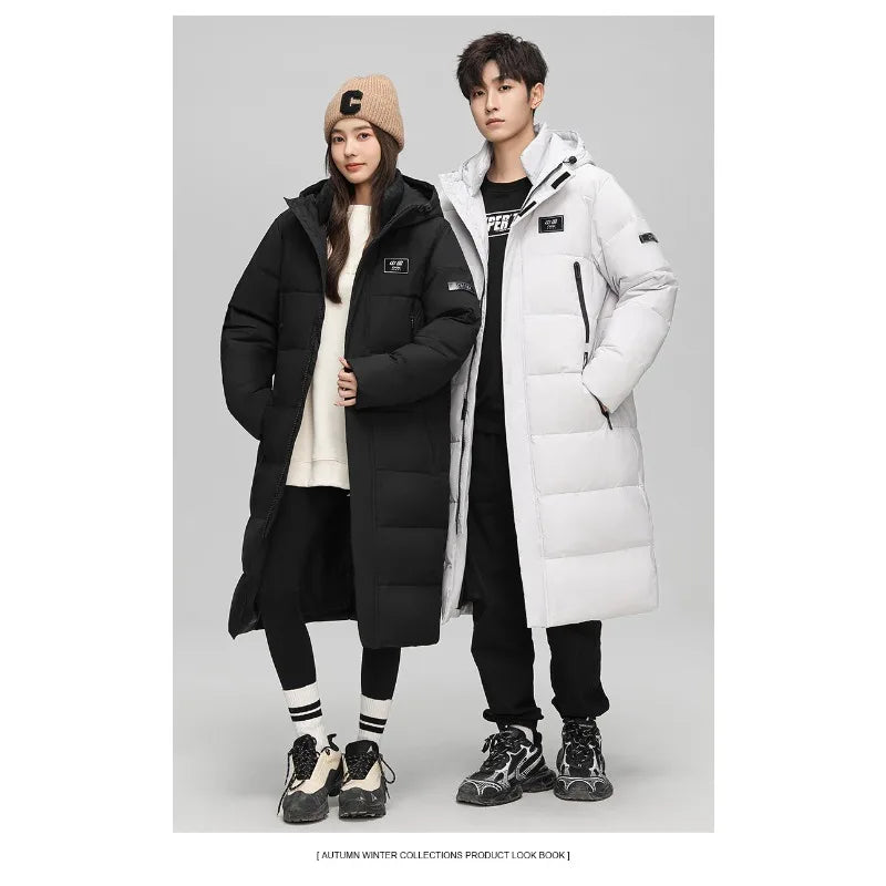 Fashionable White Duck Down Jackets Suitable Both Men  Women in Winter Long Knee-length Cotton-padded Jackets with Thick Hooded