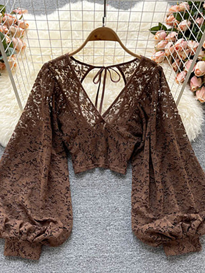 Autumn Black/White/Brown Sexy Lace Blouse Women Elegant | SAMAG