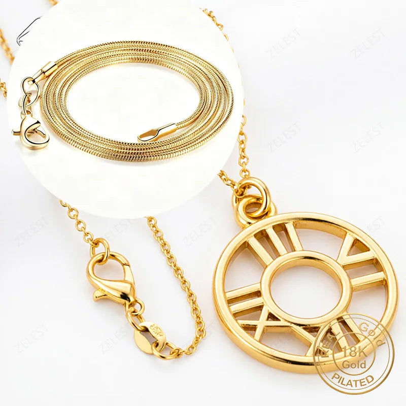 18K Gold Plated 16-30 Inch Exquisite Round Compass Pendant Necklace Women's Fashion Wedding Gift Accessory