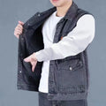Trendy Summer Retro Denim Vest for Men Sleeveless Cargo Jacket Multi Pocket Workwear Jacket