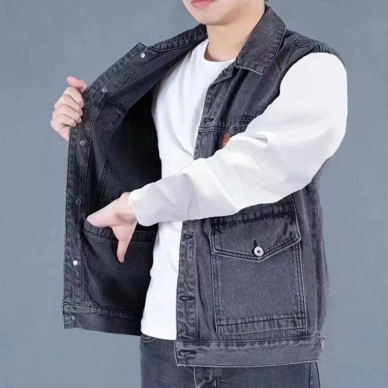 Trendy Summer Retro Denim Vest for Men Sleeveless Cargo Jacket Multi Pocket Workwear Jacket
