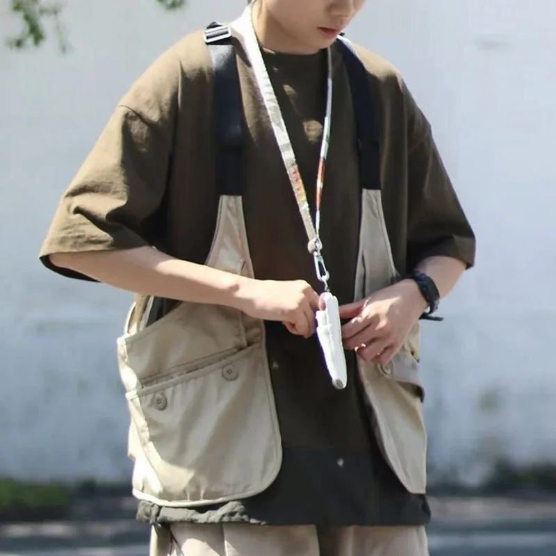 Men Vests Fashion Casual Big Pocket Hip Hop Streetwear Japanese Harajuku Y2k Top Slight Stretch Sleeveless