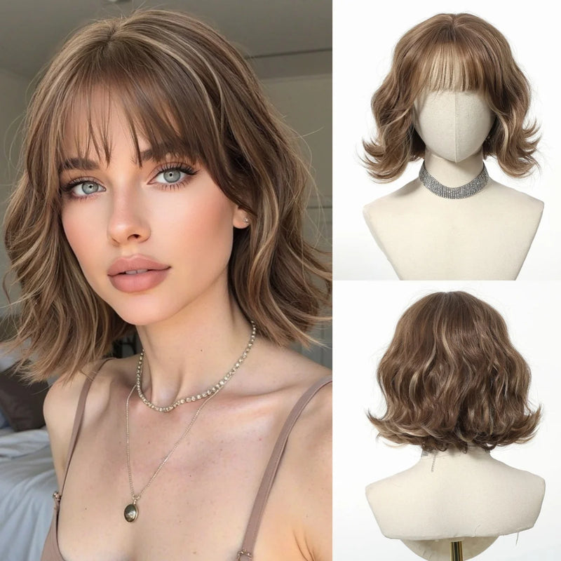 Short Silver Gray Curly Wavy Synthetic Wigs with Bangs for Women Grey Bob Cosplay Party Lolita Natural Hair Wig Heat Resistant