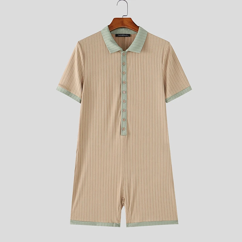 INCERUN Men's Bodysuits Patchwork Lapel Short Sleeve Button Male Rompers Playsuits Knitted Summer 2026 Casual Bodysuit For Man