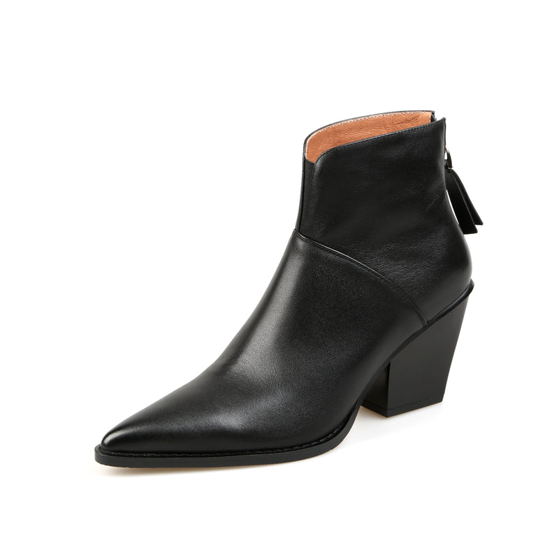 Women Ankle Boots Genuine Leather Autumn Winter Short Boots Thick Heels Pointed Toe Zipper Shoes Woman Mature Basic Office Lady