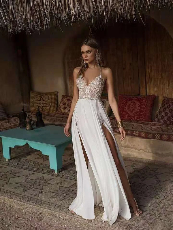 Sexy Slit Beach Wedding Dresses V Neck Appliques - View 2 | SAMAG