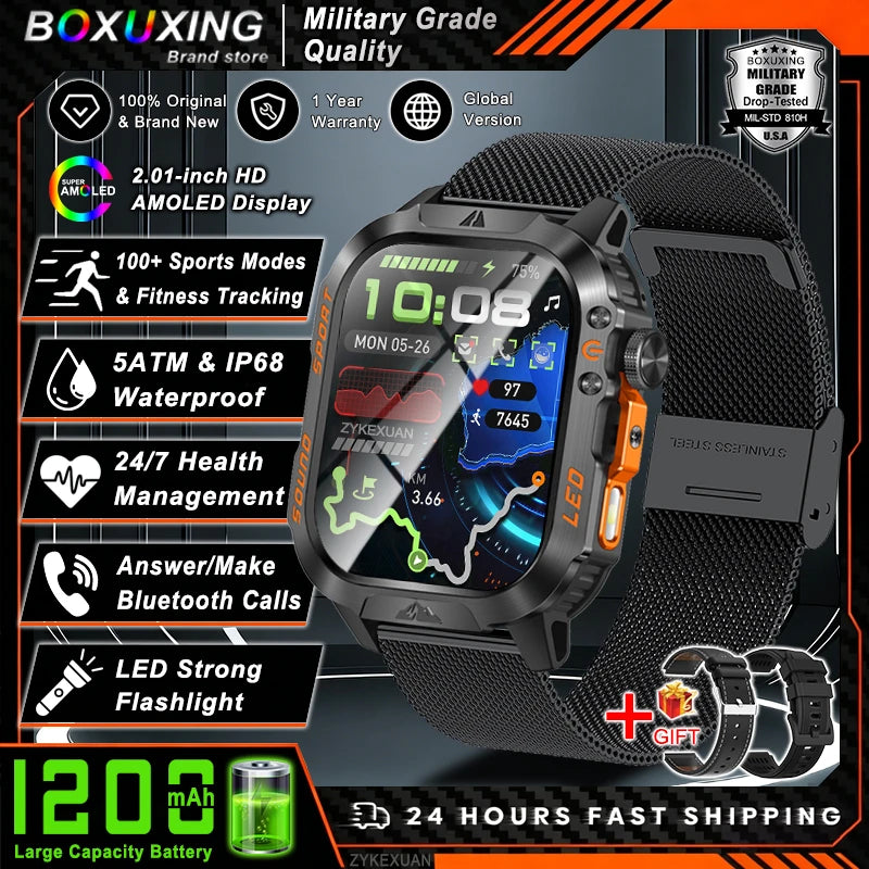 2026 New 1200 mAh Battery Military Smartwatch Men 5ATM Waterproof Fitness Tracker Health Heart Rate Smart Watch For iOS Android