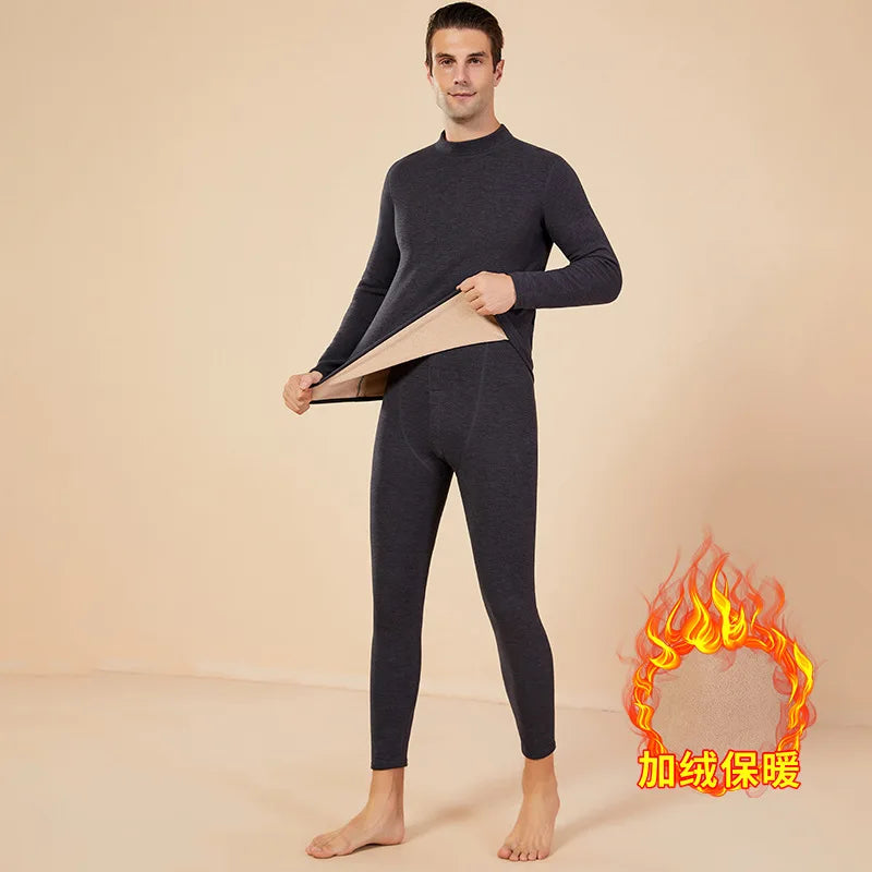 Winter Thermal Underwear Set Half-high Collar First Layer 2 Pieces Tops + Pants Fleece Warm Elastic Thermal Thick Underwear Set