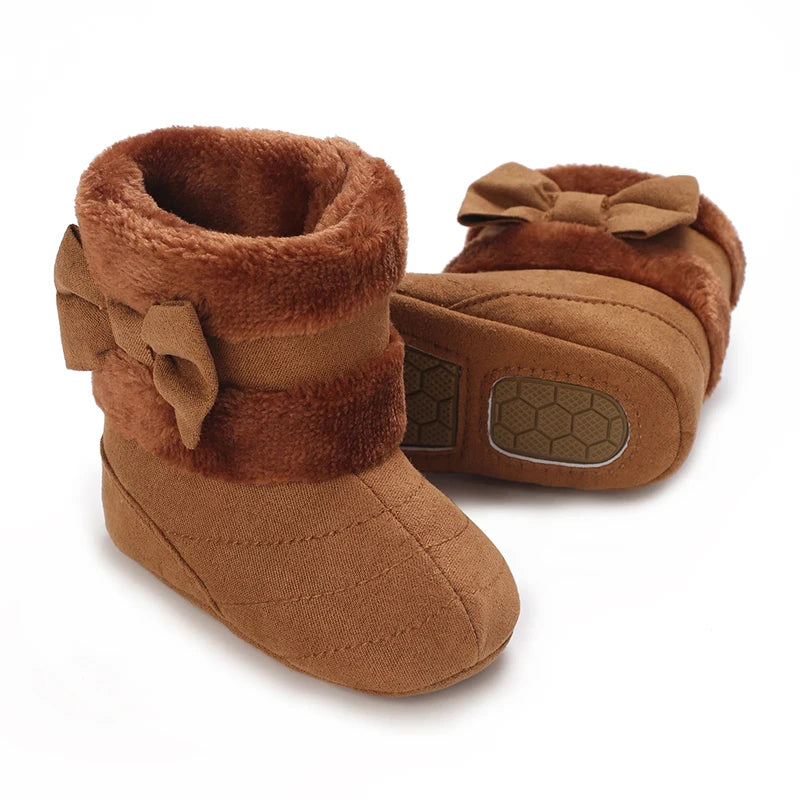 Winter Rubber Sole Baby Girls Boots Cute Bow Warm Plush Pom Snow Shoes Warm Baby Walking Shoes for Toddler Infant First Walkers